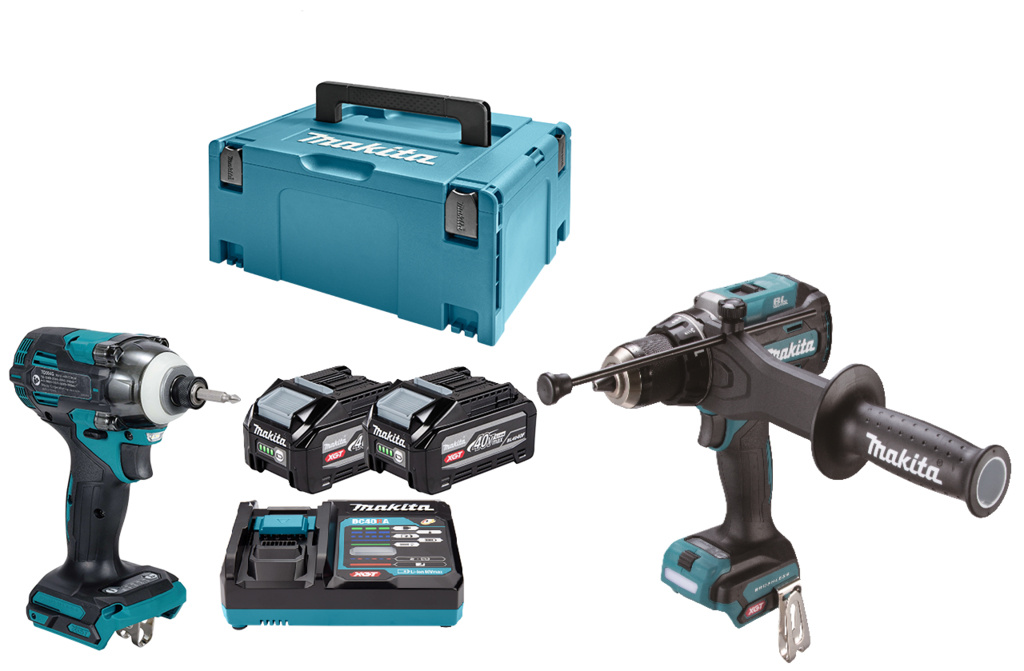 Makita DK0249G201 Zestaw XGT 40V Max Combiset: wiertarko-wkrętarka udarowa i wkrętarka udarowa wraz z 2 akumulatorami 4,0 Ah i ładowarką w pudełku