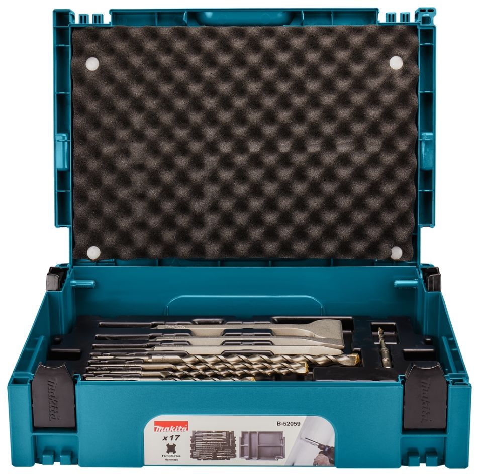 Makita Akcesoria B-52059 Zestaw wierteł/przecinaków, 17 części, SDS-PLUS, w walizce Makpac nr 1