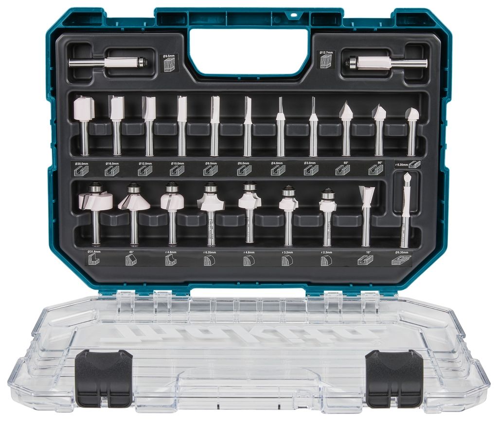 Makita Akcesoria D-74778 Zestaw frezów trzpieniowych uniwersalnych, 22 szt. w walizce z tworzywa sztucznego