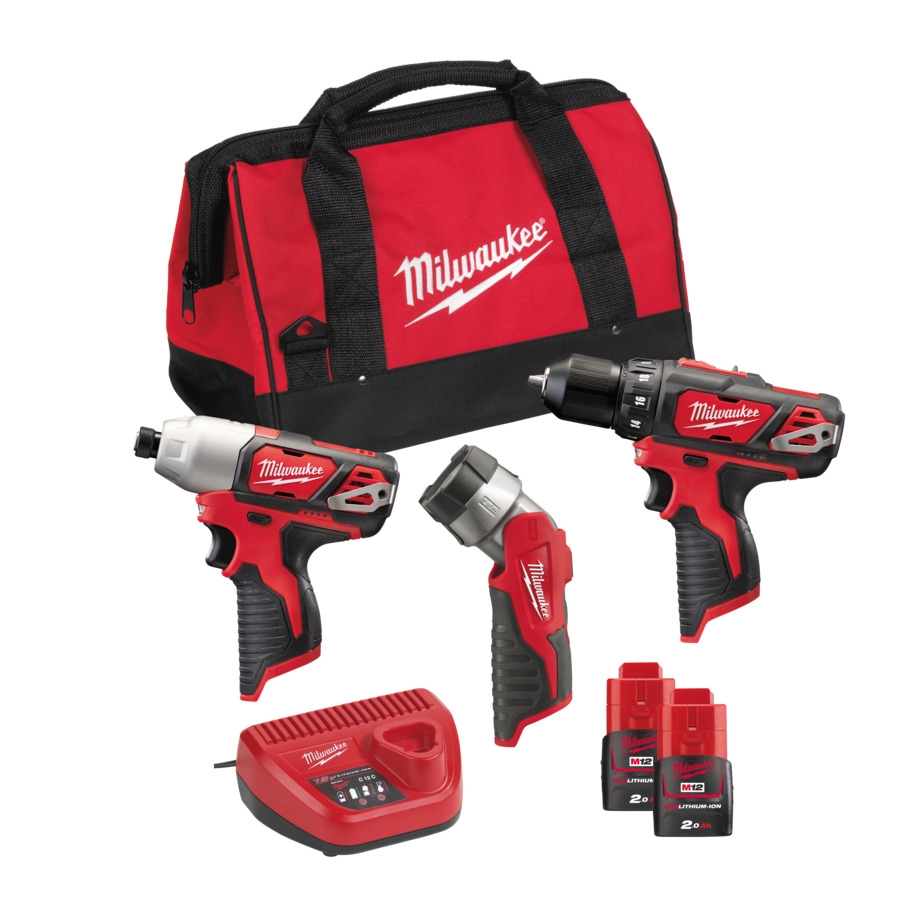 Milwaukee 4933441225 M12 BPP3A-202B M12 POWERPACK Zestaw: M12 BDD-0 + M12 BID-0 + M12 TLED-0 + 2 akumulatory M12 B2 + ładowarka C12 C + torba