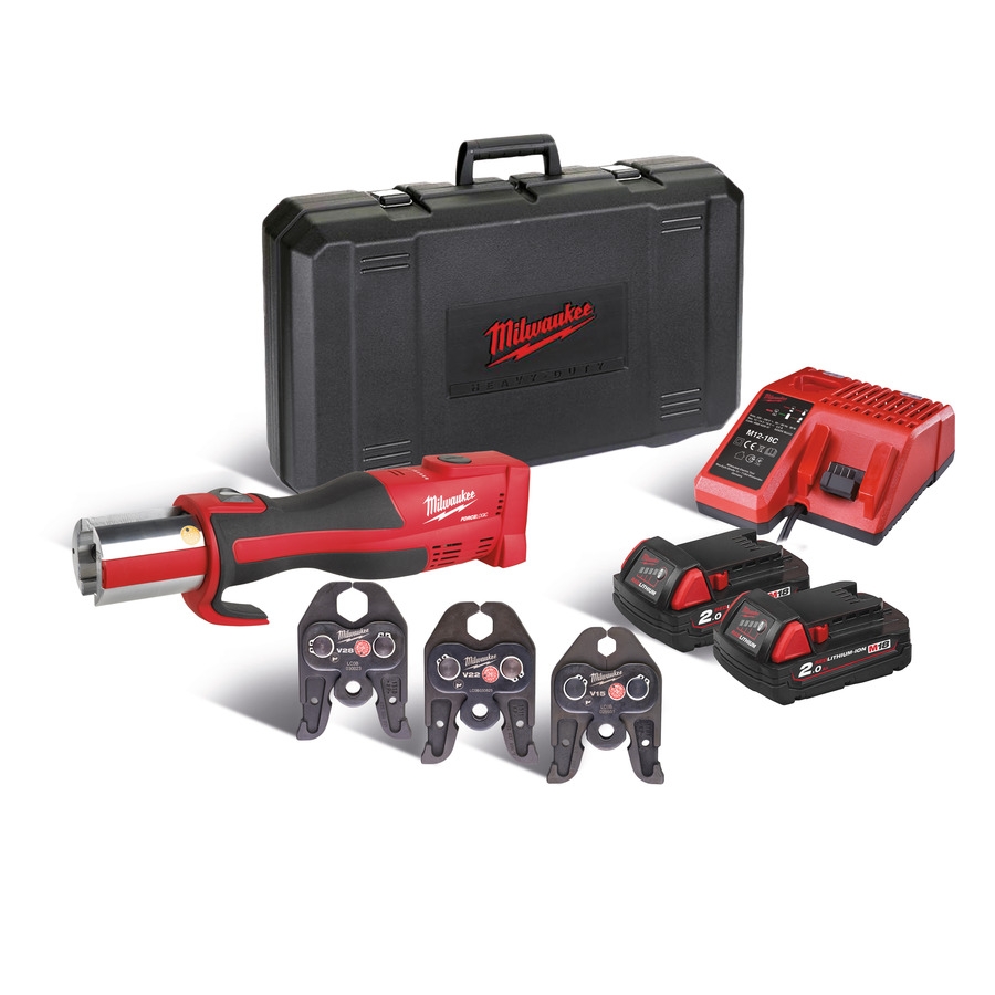 Milwaukee 4933451134 M18 BLHPT-202C V-SET M18 FORCE LOGIC Zaciskarka do rur 18V + 3x V-szczęki profilowe (15/22/28 mm) + 2 akumulatory M18 B2 + ładowarka M12-18 C + walizka