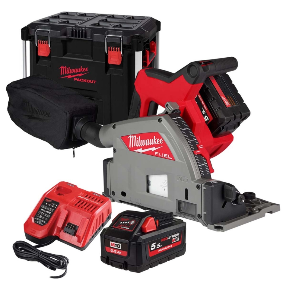 Milwaukee 4933478778 M18 FPS55-552P Zagłębiarka M18 FUEL 55mm do drewna i tworzyw sztucznych 18V kompatybilna z szyną prowadzącą + 2 akumulatory M18 HB5.5 + szybka ładowarka M12-18 FC + skrzynia narzędziowa PACKOUT