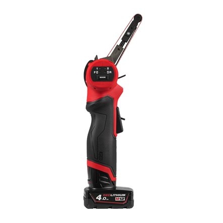 Milwaukee 4933480959 M12 FBFL10-402B M12 FUEL Pilnik taśmowy 10 mm + 2 akumulatory M12 B4 + ładowarka C12 C + torba + 2x 60 pasów ściernych