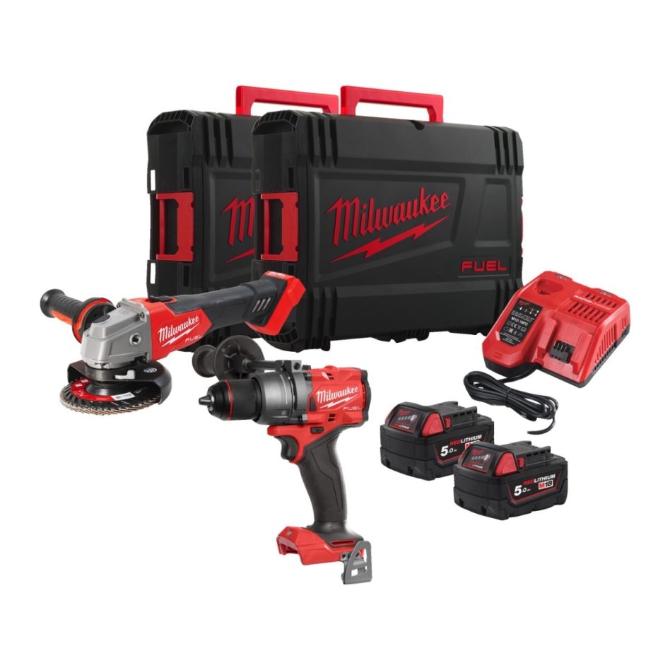 Milwaukee 4933492516 M18FPP2E3-502X Zestaw: M18FPD3 + M18FSAG125X + 2 akumulatory M18B5 + szybka ładowarka M12-18 FC + 2 walizki HEAVY DUTY