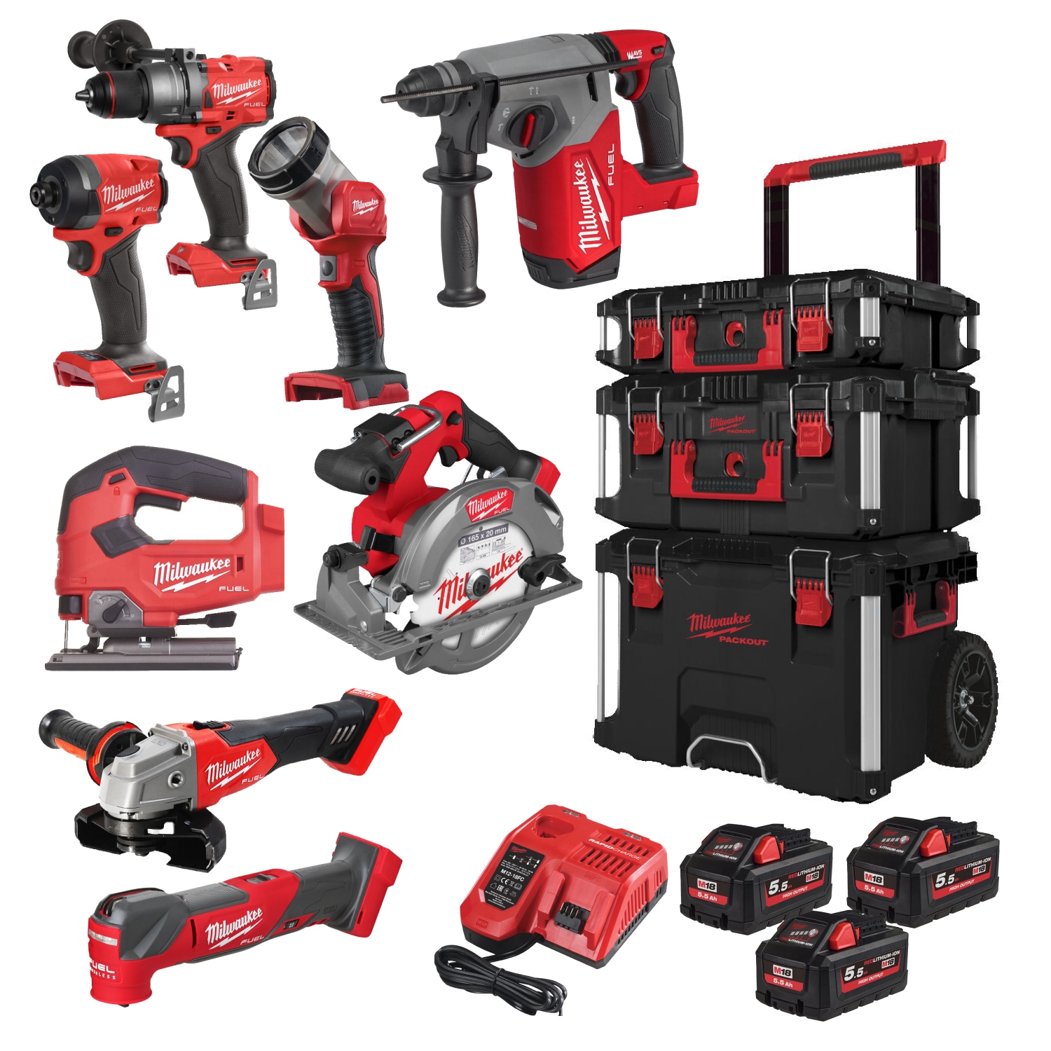 Milwaukee 4933499240 M18 FPP8E-553P M18 FUEL™ Powerpack 8 maszyn 18V 5.5Ah Li-Ion w wózku PackOut 4933499240