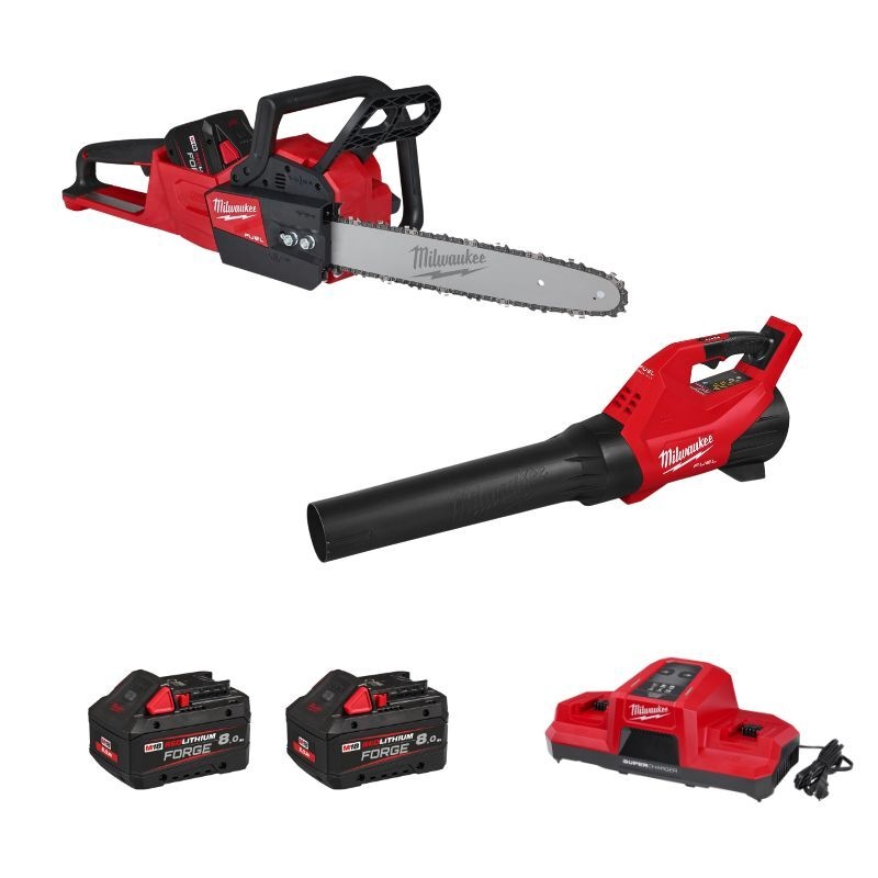 Milwaukee 4933500228 Pilarka łańcuchowa i dmuchawa do liści M18 Combipack Accu 2x akumulator 18 V 8,0 Ah i ładowarka