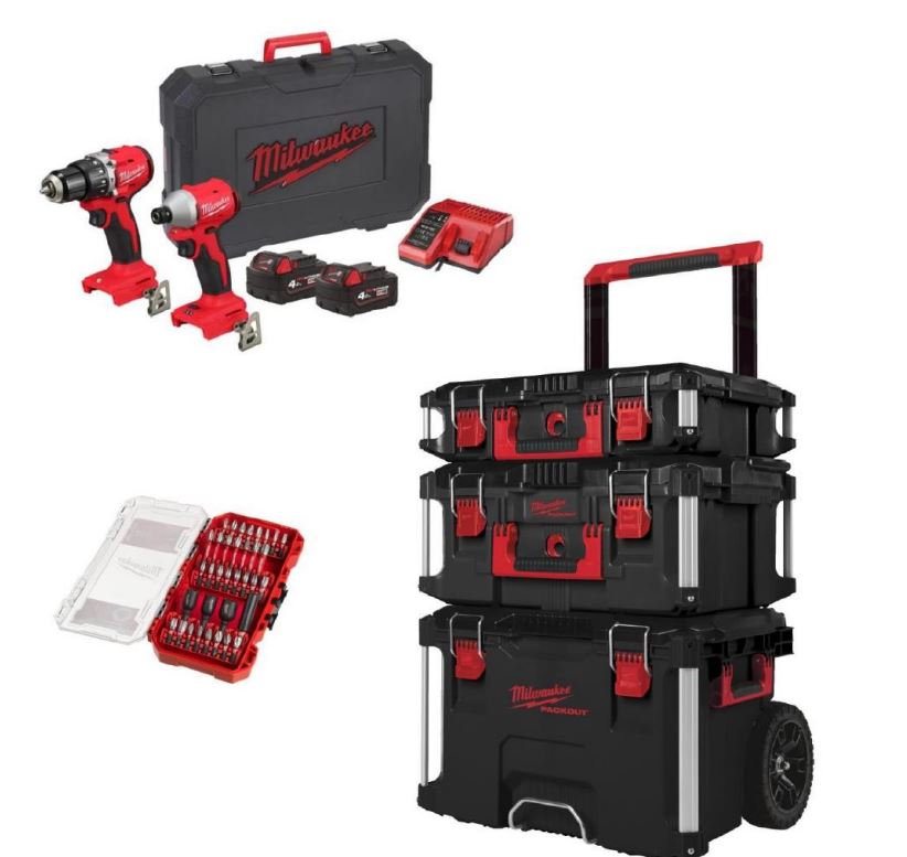 Milwaukee BlackFridayComboPack Zestaw dealerski - M18 BLCPP2A-402C + zestaw wózków PackOut + zestaw bitów Impact Duty