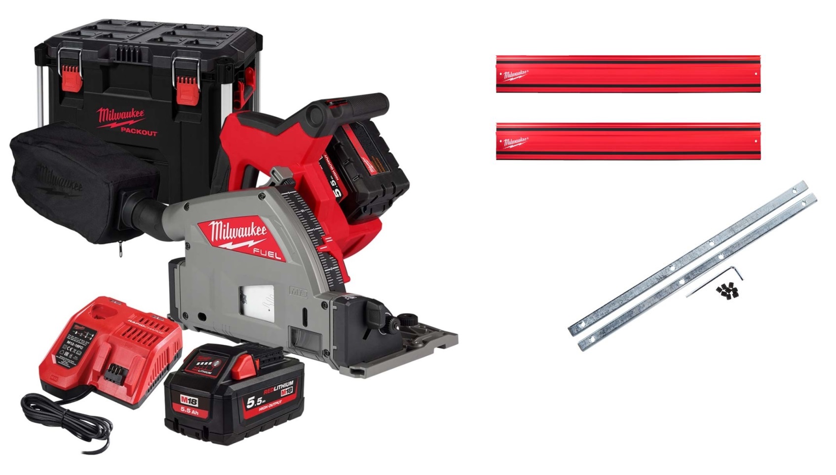 Milwaukee 4933478778+4932480906 Pilarka M18 Accu-Inval 55 mm + zestaw prowadnic 2x akumulator 5,5 Ah i szybka ładowarka w walizce PACKOUT XL