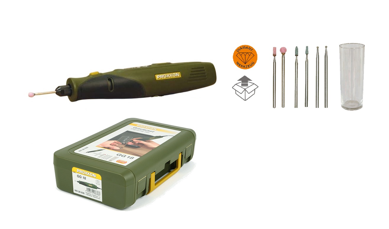 Proxxon 28636 GG 18 Grawerka 230V + Zestaw akcesoriów i szkło testowe w walizce