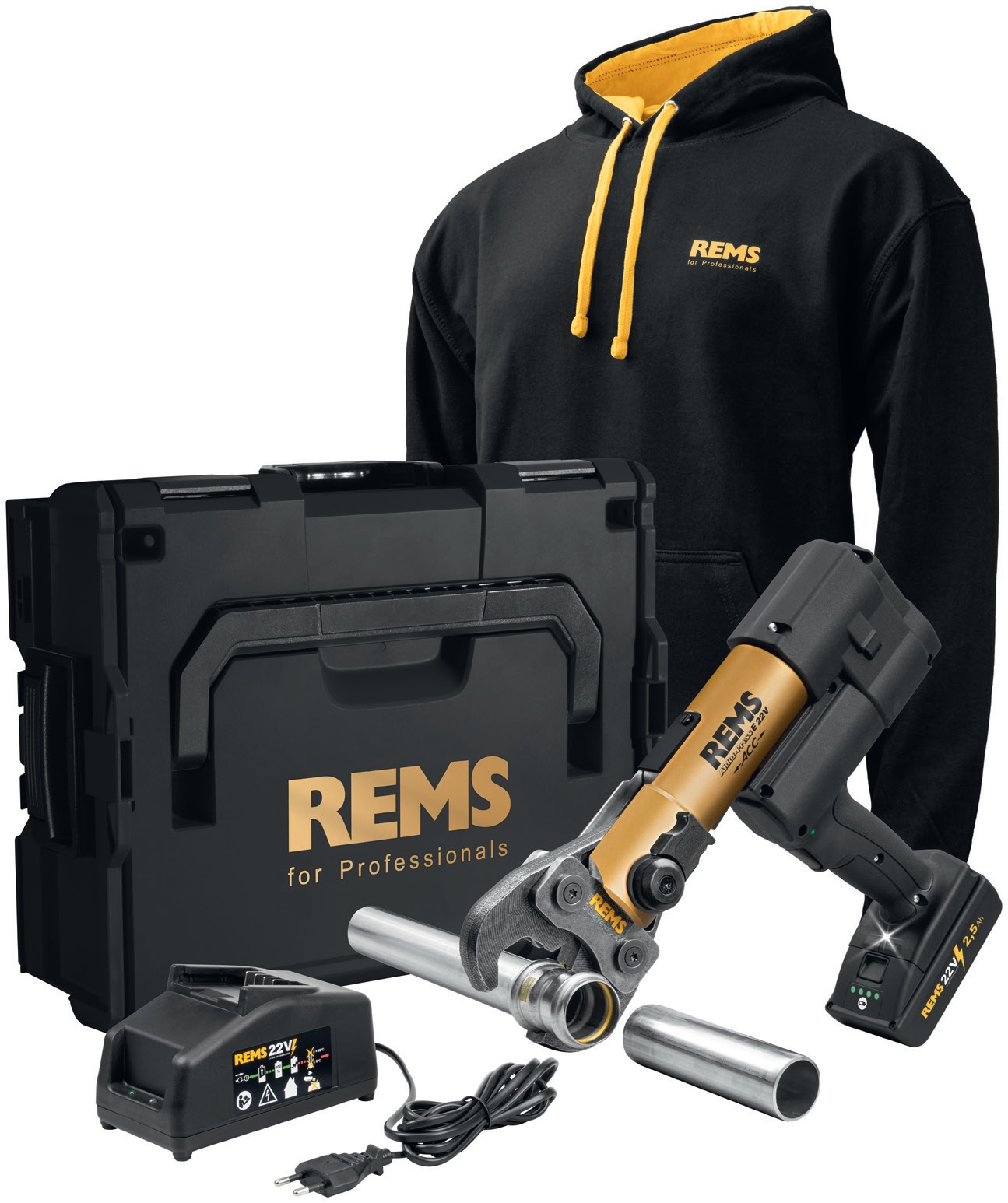 Rems 576X19 RG220 EDYCJA LIMITOWANA Akku-Press E 22 V ACC Gold 2026 Accu-Press 1x 22V 2.5Ah akumulator i szybka ładowarka w L-Boxx + REMS Hoody czarny