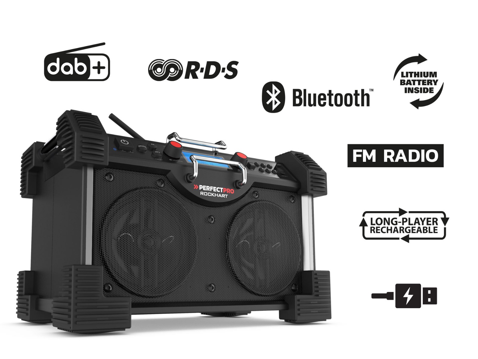 PerfectPro RH4 RockHart BT Radio budowlane DAB+ i Bluetooth 230 V sieciowe lub akumulatorowe