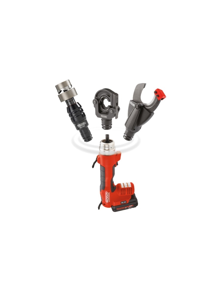 Ridgid 43633 RE 60 akumulatorowe narzędzie dla elektryków 18V 2,0Ah Li-Ion + głowica tnąca, głowica kurcząca i głowica wykrawająca