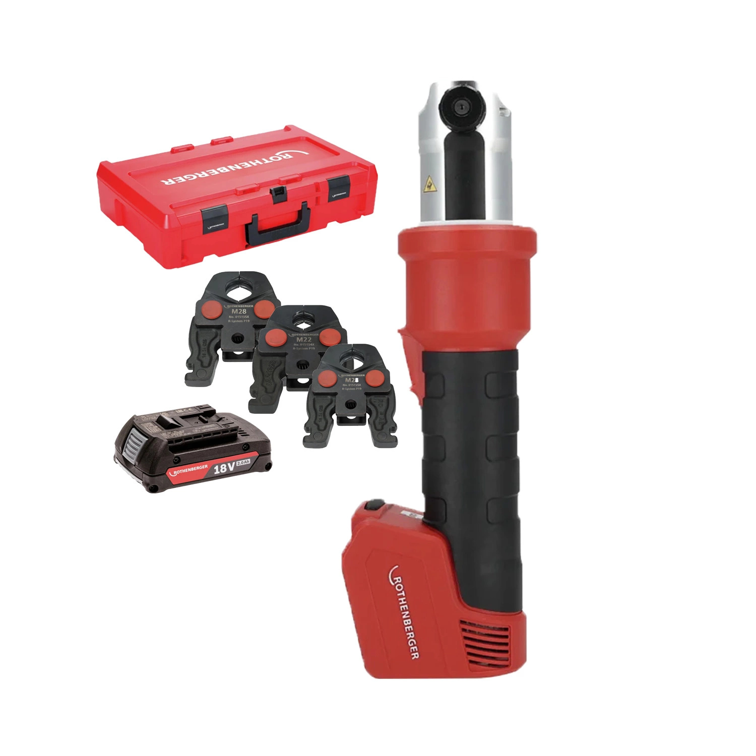 Rothenberger 1000005050 Zestaw ROMAX NANO iJAWs &ndash; hybrydowa prasarka akumulatorowa 18 V wraz z szczękami U15-22-28, 1 akumulator 2,0 Ah i ładowarką w walizce