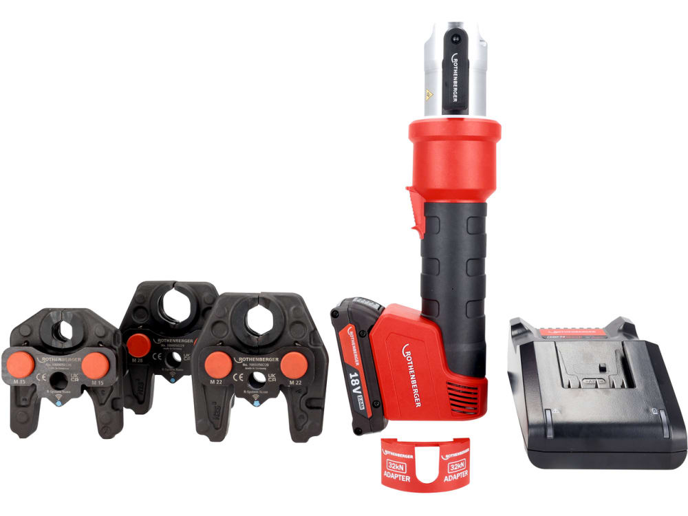 Rothenberger 1000005492 Zestaw ROMAX NANO iJAWs &ndash; hybrydowa wkrętarka akumulatorowa 18 V wraz z końc&oacute;wkami M15-22-28, 1 akumulator 2,0 Ah i ładowarką w walizce
