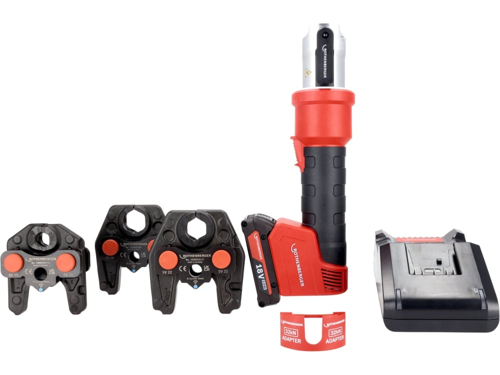 Rothenberger 1000005494 Zestaw ROMAX NANO iJAWs &ndash; hybrydowa prasarka akumulatorowa 18 V wraz z szczękami SV15-22-28, 1 akumulator 2,0 Ah i ładowarką w walizce