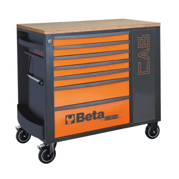 Beta 024004471 Mobilny stół warsztatowy z 7 szufladami i zamykaną szafką - pomarańczowy 82 kg