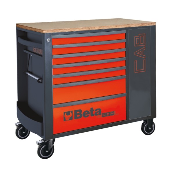 Beta 024004473 Mobilny stół warsztatowy z 7 szufladami i zamykaną szafką, 588x367 mm - czerwony 82 kg